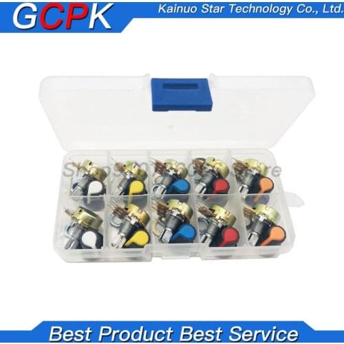 WH148 Potentiometer Kit B1K 2K 5K 10K 20K 50K 100K 500K 1M 15mm Linear Taper Rotary Potentiometer Resistor Set 3pin With Cap
