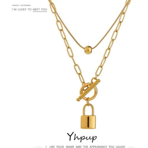 Yhpup New Stainless Steel Layered Necklace 2021 Metal Texture Lock Pendant Collar Necklace Waterproof Accessories Party Gift