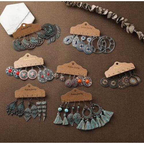 Vintage Mixed Tassel Earrings Set For Women Bohemian Brincos Crystal Round Geometric Water Drop Earring New Female Jewelry Gift