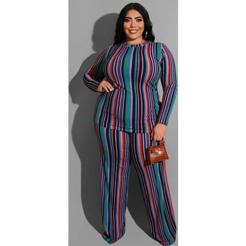 Autumn Casual Womens Tracksuit Round Neck Long Sleeve Sweatsuits for Women Slim Striped T Shirt and Loose Trouser Two Piece Set