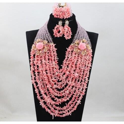 Luxury Pink Coral Beads Full Beads Bridal Jewelry Sets African Nigerian Women Pink Jewellery Set Gift Free Shipping CNR760