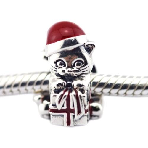 Christmas Gift Kitten Red Enamel Hat Cat Beads for Charms Bracelets Women Silver 925 Jewelry DIY Charm Beads for Jewelry Making