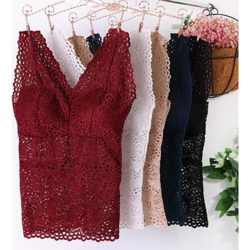 Sexy Lace Long Cami Bra Crochet Vest Solid Color Women Floral Cami Padded Vest