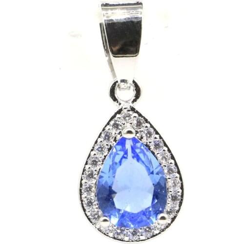 24x10mm Lovely Cute Drop Created Rich Blue Violet Tanzanite Pink Tourmaline CZ Gift For Sister Silver Pendant