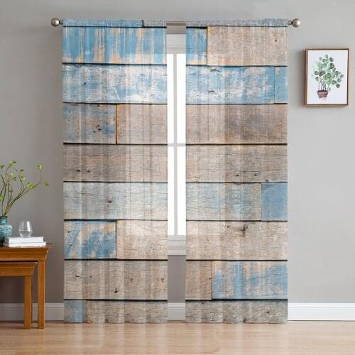 Blue Vintage Wood Grain Antique Rustic Voile Tulle Sheer Curtains for Bedroom Living Room Kitchen Decor Chiffon Windows Curtain