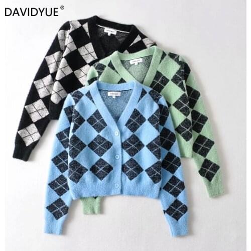 Sweater women cardigan korean long sleeve crop top knitted green cardigans vintage plaid sweaters button up christmas sweater