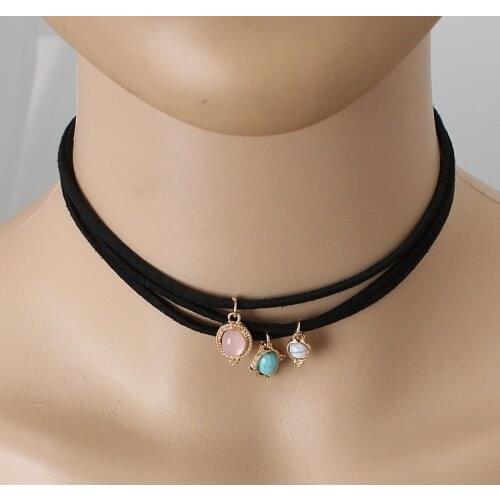 Vintage 3pcs Black Leather Choker Necklaces & Pendants for Women Round 3 Color & Gold color Zinc Alloy Jewelry