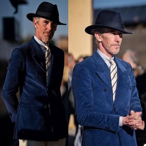 Vintage Corduroy Men Tuxedos Fashion Peaked Lapel Double Breasted Pocket Blazer Smart Casual Celebrity Jacket 1 Piece