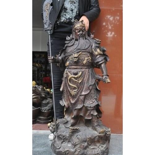 Xd 001491 37" Chinese Bronze gilt 9 Dragon Warrior guan gong guan yu God Hold Sword Statue