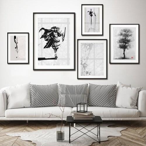 Japanese Style Black White Canvas Samurai Bamboo Ink Painting Poster and Print for Living Room Wall Art Picture Home Decoration