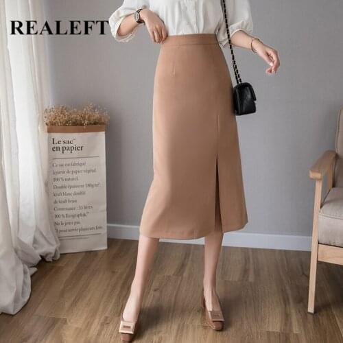 REALEFT Elegant Office Wrap Midi Skirts 2021 New Autumn Solid Front Split Zipper Black High Waist Chic Female A-Line Skirts