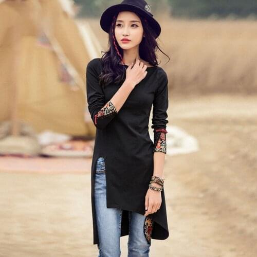 Ethnic Embroidery Long Black Tshirt Women Elegant Side Split Tee Shirt Femme Autumn Long sleeve Boat neck Ladies Tops