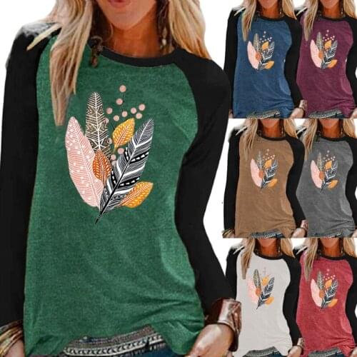 Women Clothing Autumn and Winter Fashion Printing Raglan Long Sleeve Round Neck Pullover Loose Casual Shirt Plus Size XS-5XL