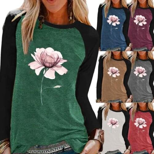 Womens Autumn New Leisure Round Neck Flower Print Comfortable Graphic Sweatshirt Raglan Long Sleeve T-shirt Loose Pullover Top