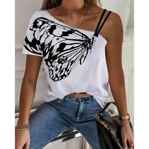 2020 Summer Women One Shoulder Butterfly Print Casual T-shirt Casual Sexy Strap Short Sleeve Butterfly Print Tee