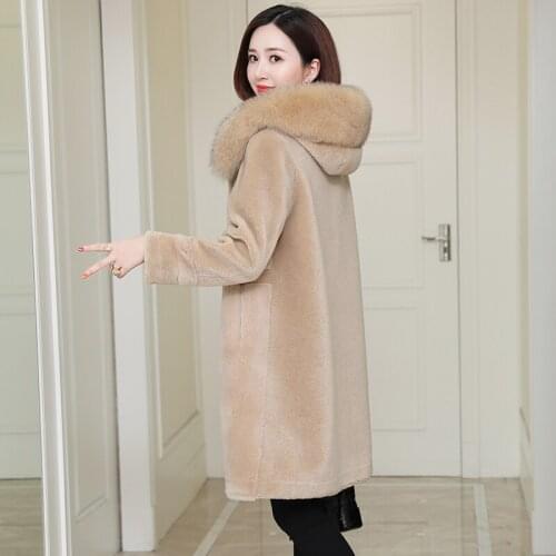 2020 Womens Real Coat Winter Clothes Women Fox Collar Long Sheep Shearing 100% Wool Jacket Korean Fur Coats KJ3569