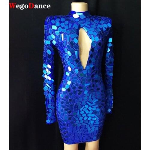 New Handmade Mesh Blue Mirrors Hollow Dress Birthday Bar Dance Models Catwalk Wear Prom Evening Women Dancer Short