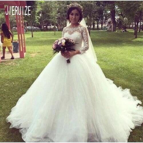 JIERUIZE Vestido de Novia Sheer Scoop Neck Wedding Dresses 3/4 Sleeves Lace Up Back Lace Appliques Ball Gown Bride Dresses