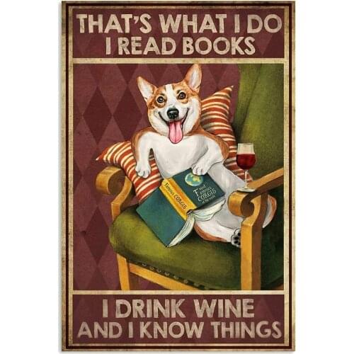 Dog Tin Sign Retro Corgi Reading Book on Sofa Bathroom Home Toilet Bar Club Wall Decoration Home Classic Retro 20x30cm