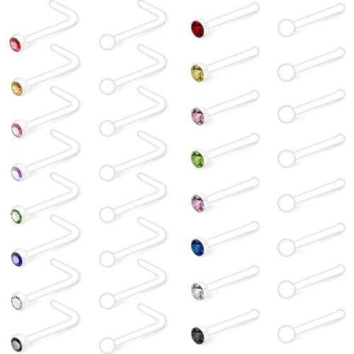 32pcs 20G Clear Bioflex Nose Bone Ring Stud L Shaped Nose Retainer Body Jewelry Piercing Top Flat Ball CZ 2mm