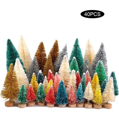 40Pcs Mini Colorful Cedar Trees Set Sisal Snow Frost Trees with Wood Base Bottle Brush Trees Plastic Winter Snow Ornaments Table