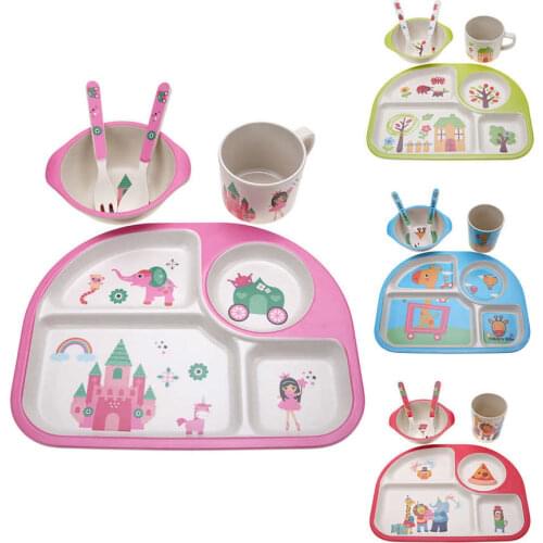 5Pcs/set Eco-friendly Bamboo Fiber Baby Plate Dishes 4 Slots Children Tableware Dishes Dinnerware Creative Gift baby