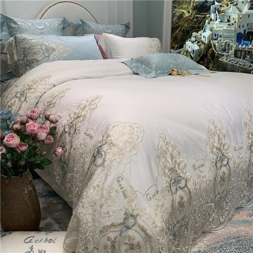 Noble Solid White 120S Egyptian cotton Tencel Luxury Lace Bedding sets Queen King Royal Duvet cover Bed sheet set Pillowcase