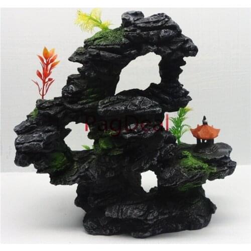 Large Fish Tank Mountain View Aquarium Ornament Tree House Cave Bridge Fish Tank Decoration Rockery L28cm*W17cm*H27cm