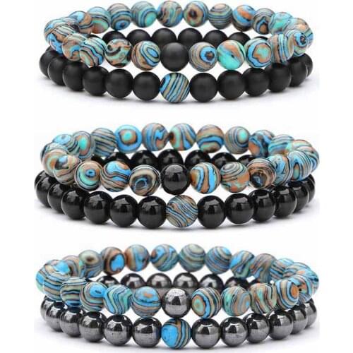 2 Pieces/set of Natural Stone Bracelet Couple Classic Black Matte Blue Malachite Bracelet, Suitable for Men and Women Best Gift