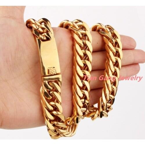 High Quality Heavy 316L Stainless Steel Gold Curb Cuban Link Chain Mens Boys Necklace/Bracelet Bangle Jewelry 7-40" 15mm
