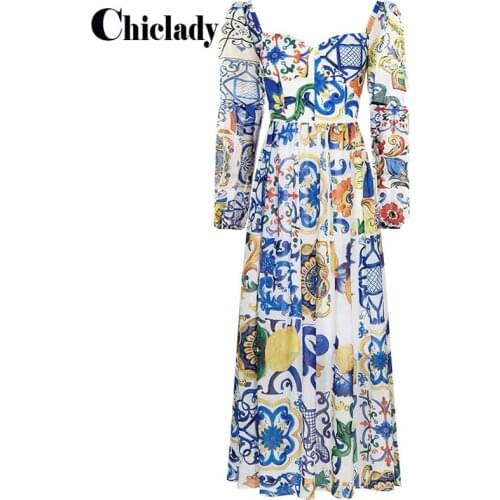 CHICLADY vintage retro runway designer style maxi dresses holiday party print square collar lantern sleeve blue white robe traf