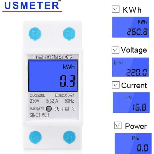 DDS528L 120V 220V Power Meter 2P Single Phase DIN Rail kwh Big Screen Blue Backlight LCD Digital Ammeter Wattmeter Voltagemeter