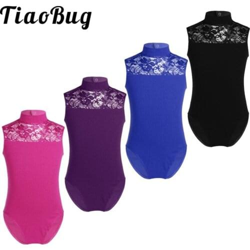 TiaoBug Kids Girls Sleeveless Turtle Neck Lace Back Ballet Dance Bodysuit Gymnastics Leotard Classic Jumpsuit Stage Costume