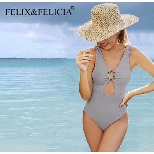 FELIX&FELICIA Factory Blue/Pink Knitted Piece Bikini Push Up Swimwear Women Slim V-neck Monokini Padded Sexy Pure Color Swimsuit