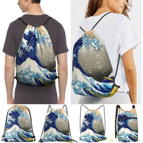 Katsushika Hokusai - The Great Wave Of Kanagawa Men Outdoor Travel Gym Bag Waterproof Drawstring Backpack Women Fitness Bags