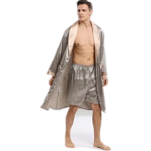 Chegados de duas em casa de seda robe conjunto de pijama ou de banho shorts define manga longa sleepwear para homem kimono