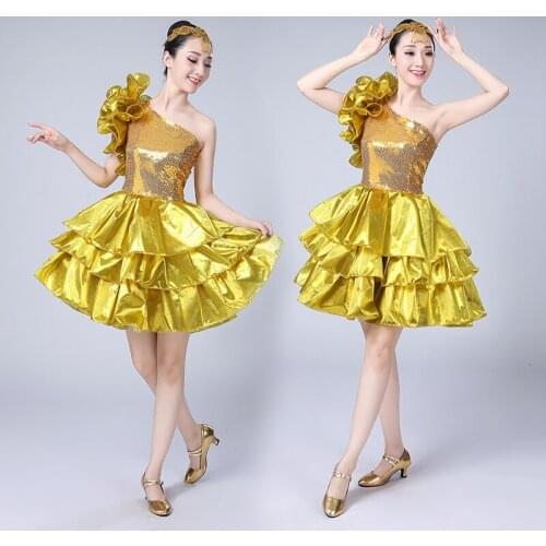 Golden Macrame Short Dress Female Modern Folk Dance Chorus Performance Clothing Women Plus Size Elegant Stage Dresses DL5732