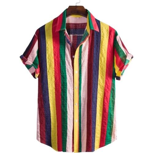 Colorful Striped Hawaiian Aloha Shirt Men Hipster Summer Short Sleeve Beach Shirts Men Holiday Party Vacation Clothing Camisa