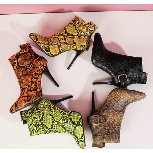 Fashion Colorful Serpentine PU Leather Women Boots Sexy Pointed Toe Autumn Winter Ankle Boots for Women Thin High Heel Zipper 46