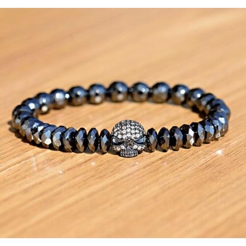 DOUVEI Trendy Micro Pave CZ Skeleton Skull Charm Bracelet Men Hematite Beads Elastic Bracelet Homme Fashion Jewelry AB663