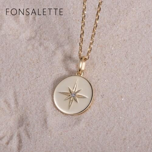 Coin Star Necklace Sterling Silver Compass Starburst Round Pendant Necklaces for Women Girls Minimalist Fashion Jewelry