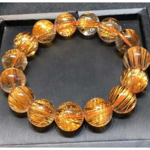 Natural Copper Rutilated Quartz Crystal Round Beads Bracelet 15mm AAAAA