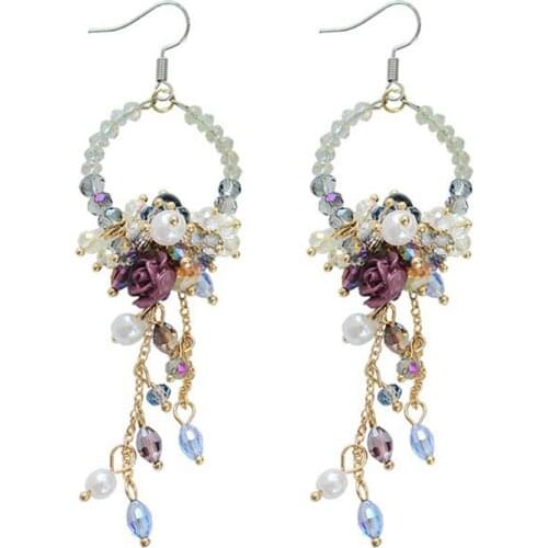 New Women Flower Circle Long Tassel Hook Retro Faux Crystal Beads Ear Drop Jewelry Gift