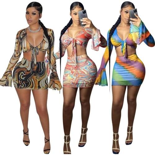 Print Beach Sexy Dress Women Two Piece Set Club Outfits Flare Long Sleeve Crop Tops And Mini Skirts Bodycon Summer Dress 2 Piece