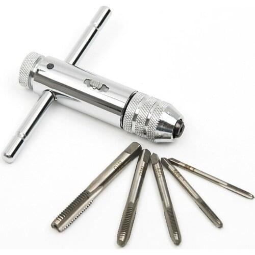 Adjustable M3-M8 Steel T-Handle Ratchet Wrench Tapping Threading Tool with Sliver Hand Screw Tap
