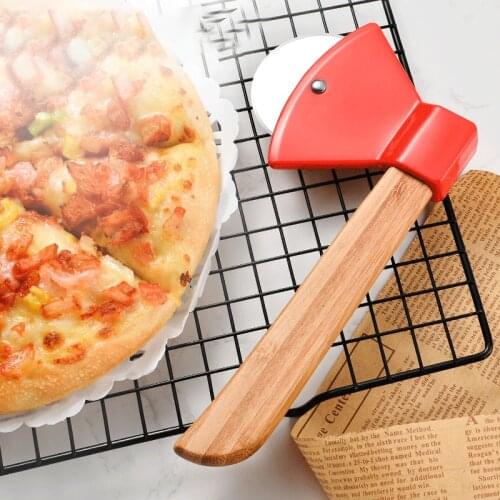 YOMDID Stainless Steel Pizza Cutter Bamboo Handle Pizza Single Wheel Cutting Tool Dough Pastry Roller Cutter Axe Type Pizza Tool