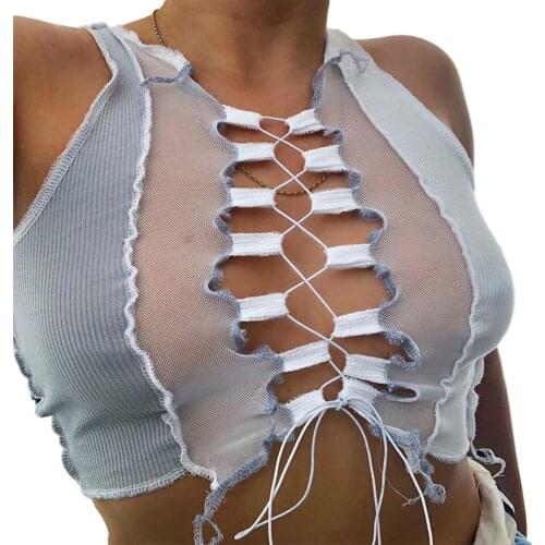 Sexy Women Sleeveless Bandage transparent Vest Summer casual Irregular Knitted Tank Tops