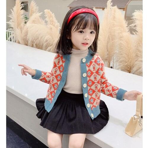 Girls sweater autumn and winter girl baby cartoon villain diamond lattice knit cardigan top