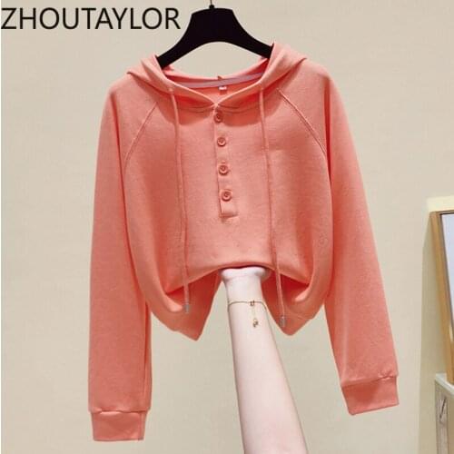 ZHOUTAYLOR Hoodies Women Short Office Lady Fashion Pullovers Femme Full Sleeve O-Neck Button Loose Autumn New Tops Female S0672