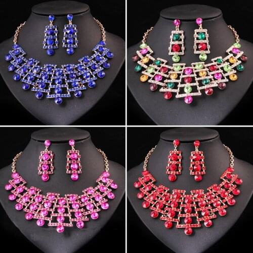 African Women Crystal Necklace Earrings Set Rhinestone Statement Jewelry Set Bridal Wedding Party Choker Bib Collar Ethnic Dubai
